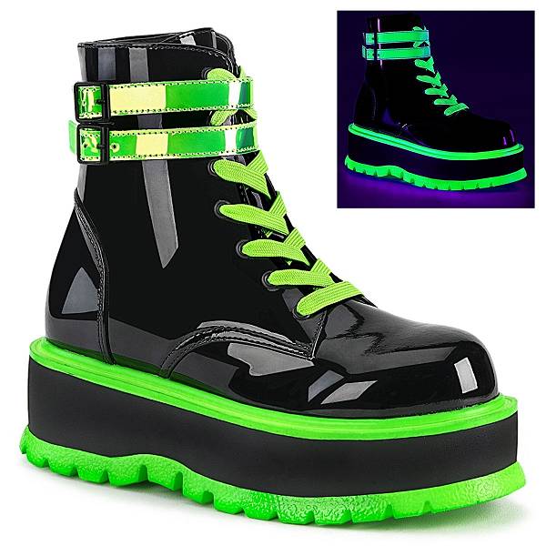 Demonia Women's Slacker-52 Platform Boots - Black UV Iridescent Green D6390-41US Clearance